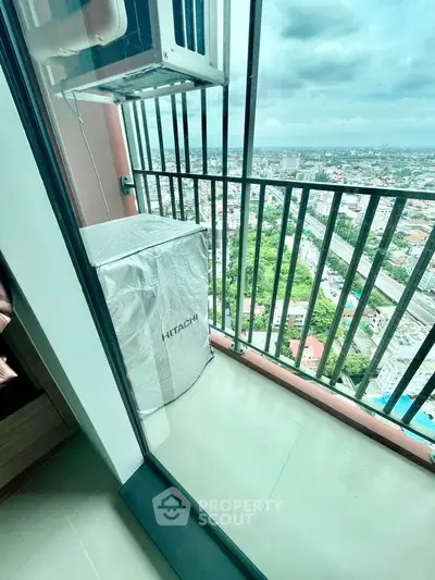 High-rise balcony with stunning city view and air conditioning unit