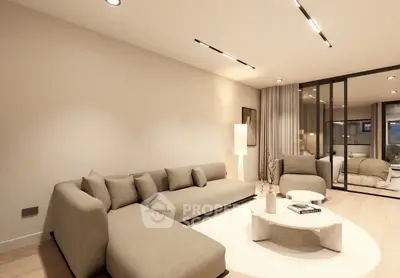 Modern living room with elegant beige sofa and stylish decor