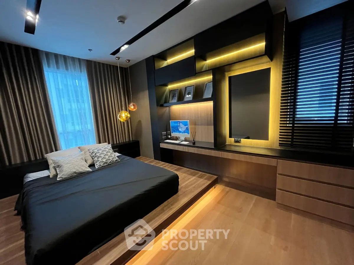 Luxurious modern bedroom with ambient lighting and sleek design