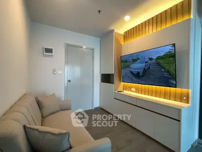Modern living room with sleek TV setup and cozy sofa