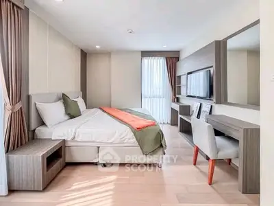 Spacious modern bedroom with elegant decor and natural light