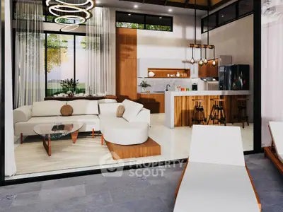 Luxurious open-plan living room with modern kitchen and stylish decor