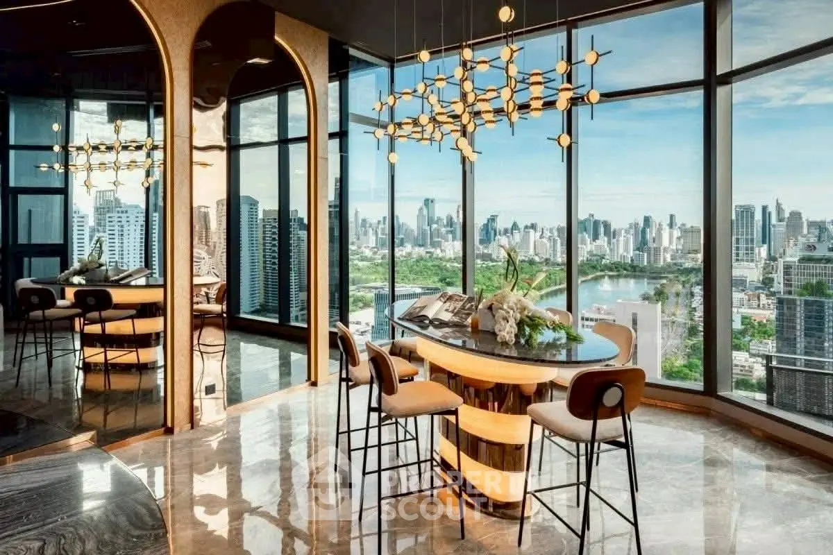 Luxurious high-rise apartment with stunning city skyline view and modern interior design.