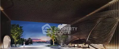 Luxurious modern entrance with stunning architectural design and serene water view at sunset.