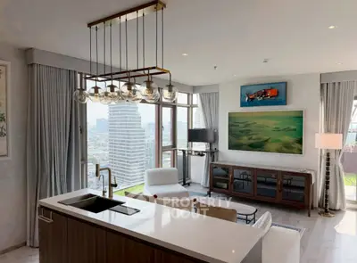 Luxurious modern living room with panoramic city views and elegant decor