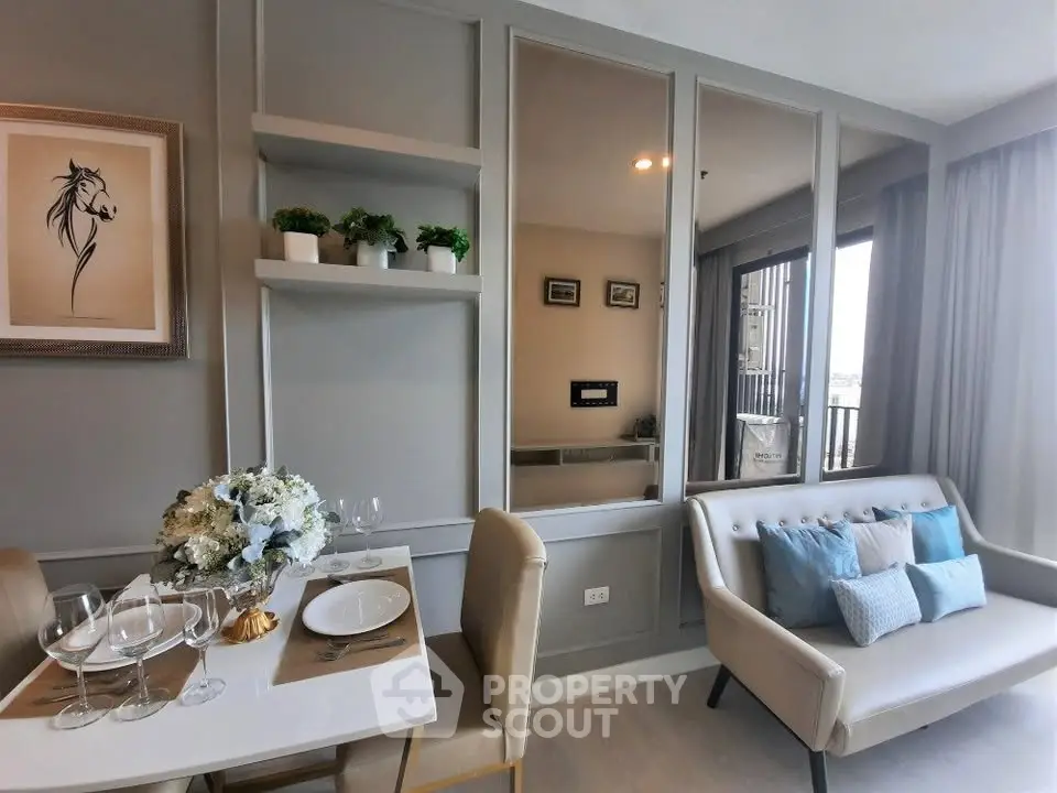 Stylish modern living room with elegant decor and balcony view