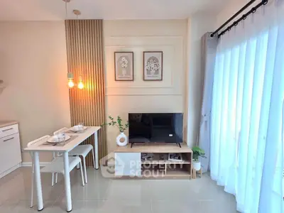 Modern living room with stylish decor, dining area, and natural light from large windows.