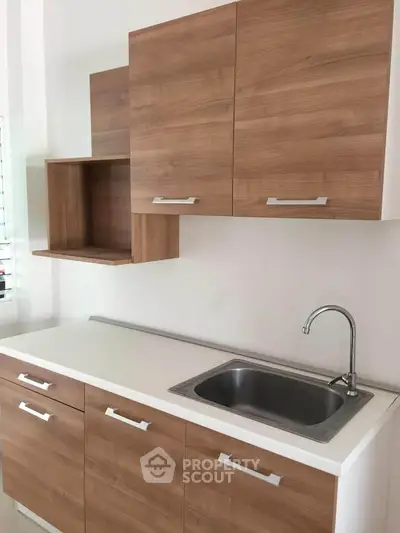 Modern kitchen with sleek wooden cabinets and stainless steel sink