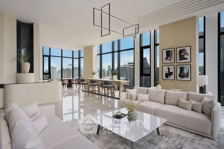 Luxurious modern living room with panoramic city views and elegant furnishings.
