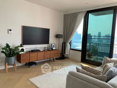 Modern living room with city view and stylish decor
