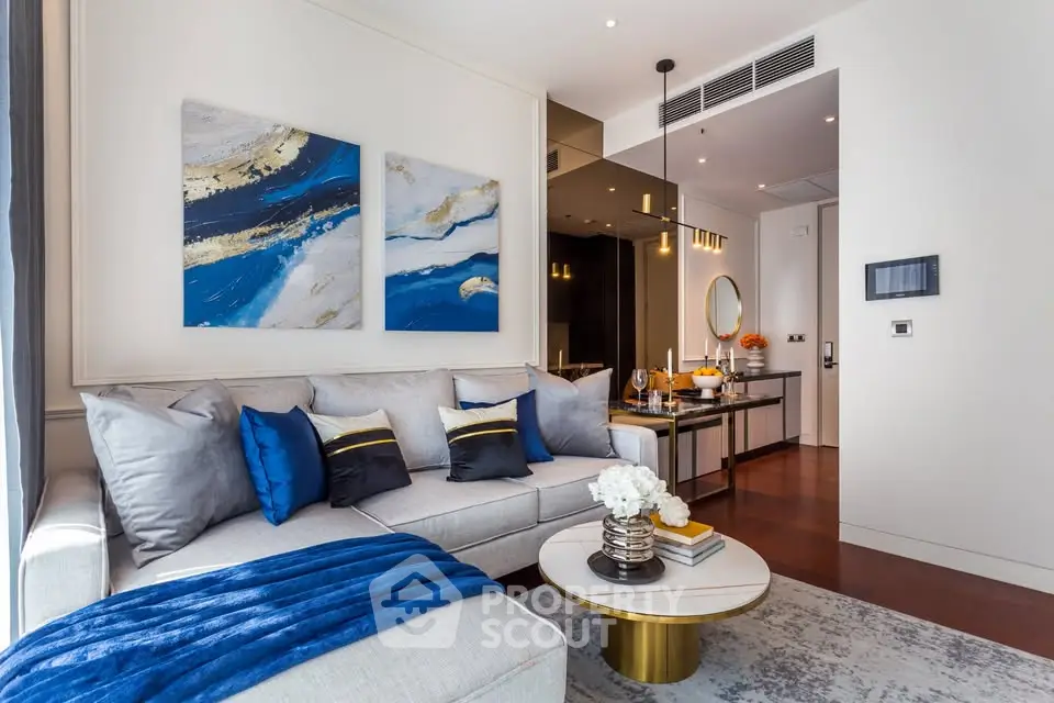 Luxurious modern living room with elegant decor and cozy seating area