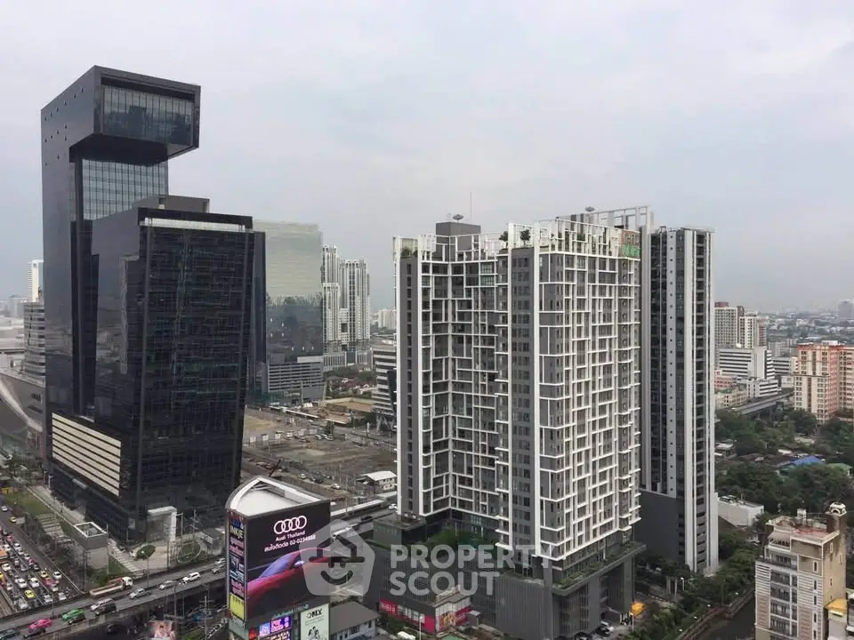 Stunning cityscape view showcasing modern high-rise buildings in a bustling urban environment.