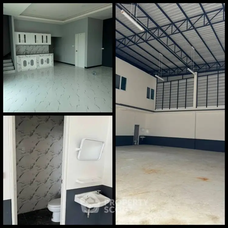 Spacious industrial warehouse with modern interior and bathroom facilities.