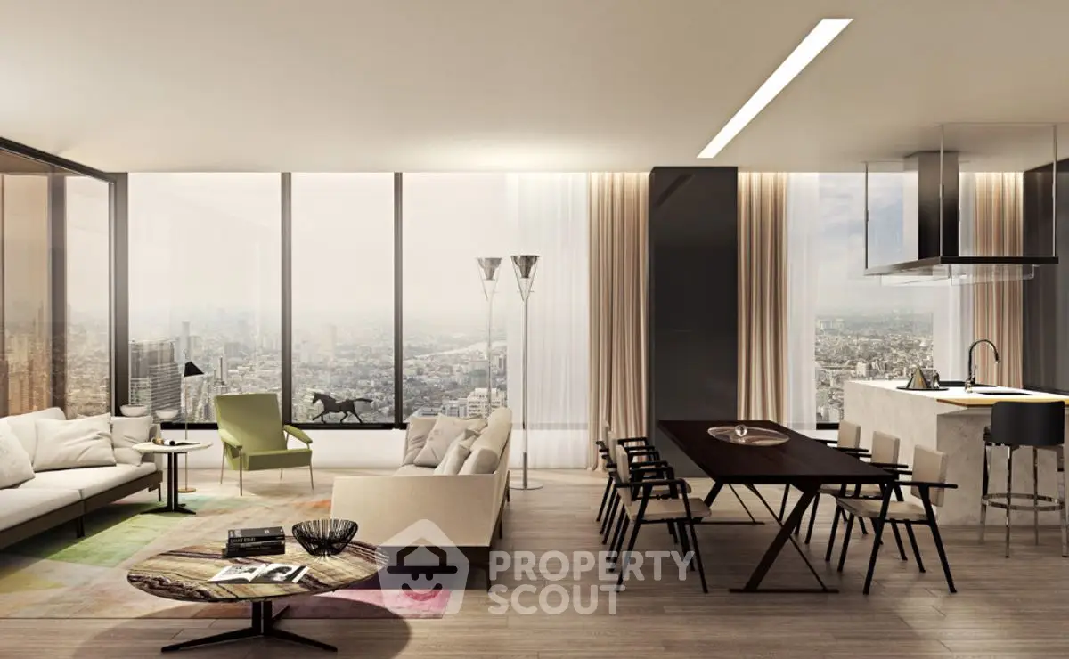 Luxurious modern living room with panoramic city view and stylish furnishings.