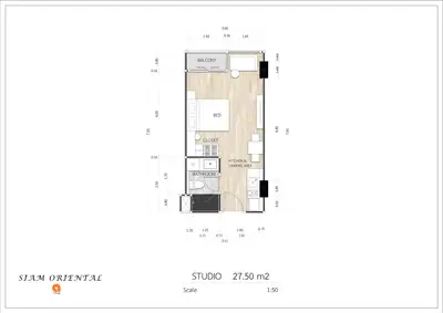 Studio apartment floor plan with balcony, kitchen, and bathroom, ideal for modern living in Siam Oriental.