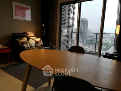 Modern living room with city view and stylish furniture