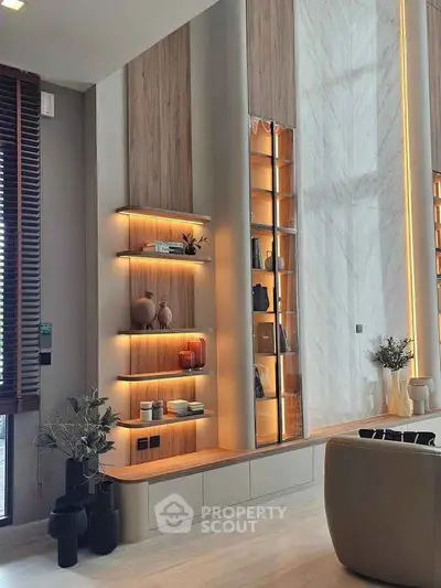 Luxurious modern living room with elegant shelving and ambient lighting