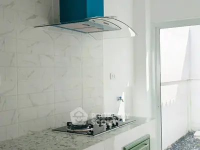 Modern kitchen with sleek gas stove and marble backsplash, featuring ample natural light.