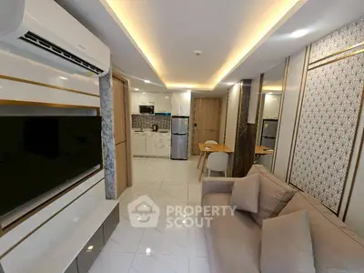 Modern living room with sleek design, featuring a cozy sofa, stylish TV setup, and elegant dining area.