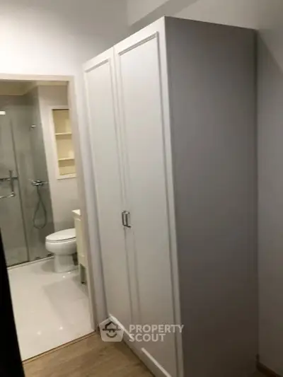 Compact bathroom with shower and adjacent white wardrobe in modern apartment.