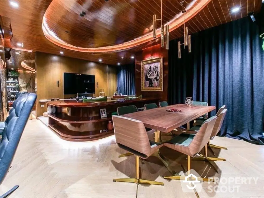 Luxurious modern dining room with elegant wooden ceiling and stylish furniture