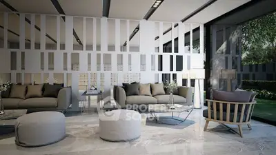 Luxurious modern living room with elegant furniture and large windows overlooking a garden.