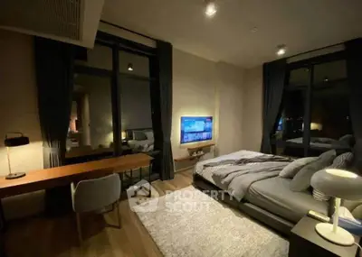 Luxurious modern bedroom with stylish decor and ambient lighting