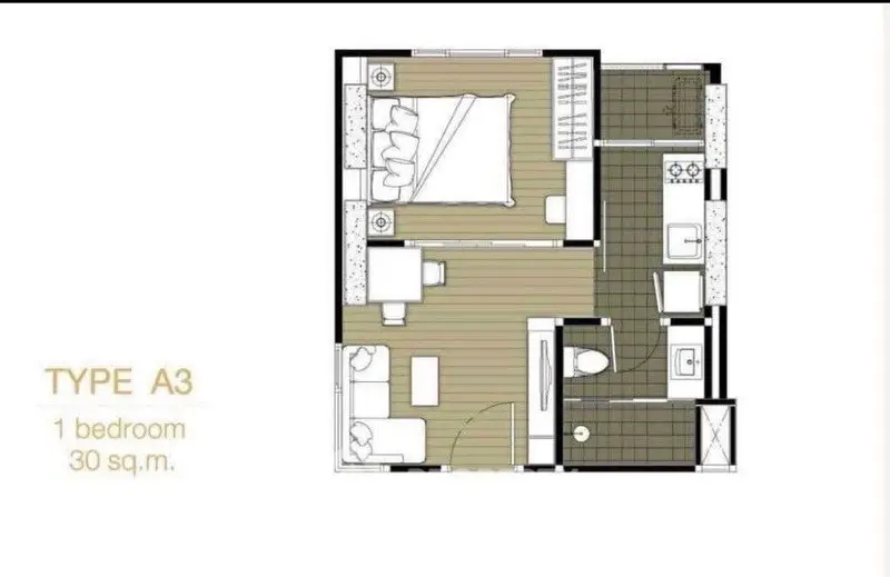 Modern 1-bedroom apartment floor plan with efficient layout and stylish design.