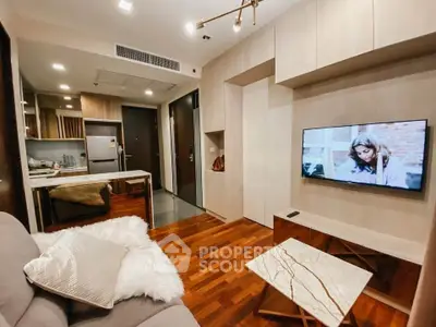 Modern living room with open kitchen and stylish decor