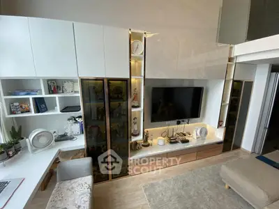 Modern living room with stylish built-in storage and entertainment center