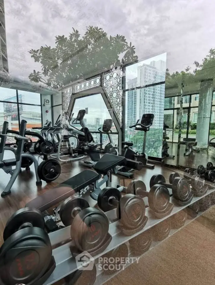 Modern gym with state-of-the-art equipment and city view in luxury apartment building.