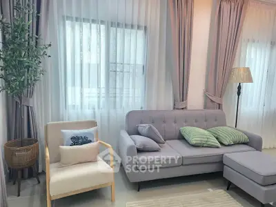 Elegant living room with modern gray sofa and stylish decor