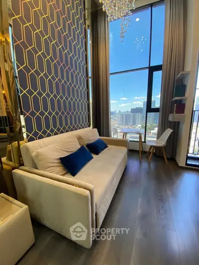 Luxurious living room with stunning city view and elegant decor