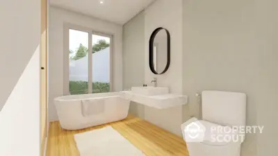 Modern bathroom with freestanding tub and large window view