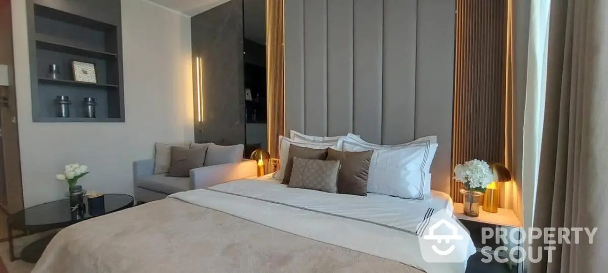 Luxurious modern bedroom with elegant decor and ambient lighting