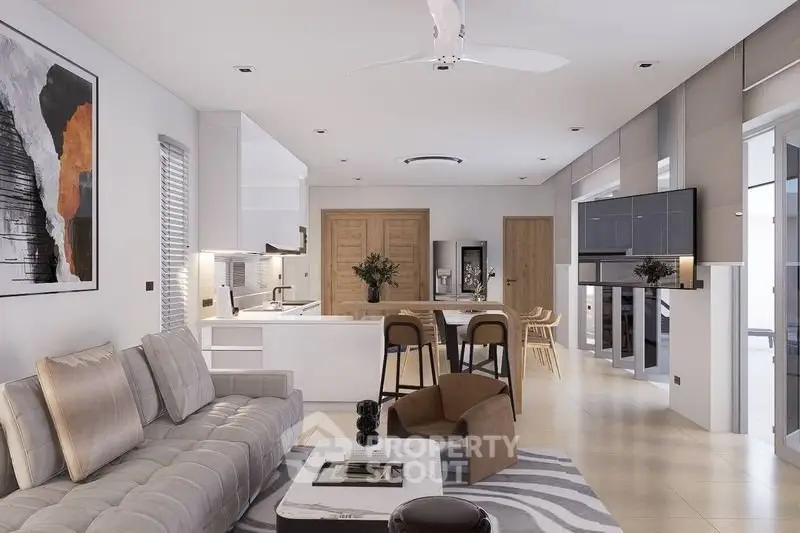 Spacious modern living room with open kitchen and stylish decor