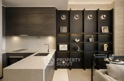 Modern kitchen with sleek cabinetry and stylish open shelving in a contemporary apartment.