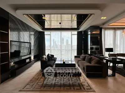Luxurious modern living room with city view, elegant decor, and spacious seating area.