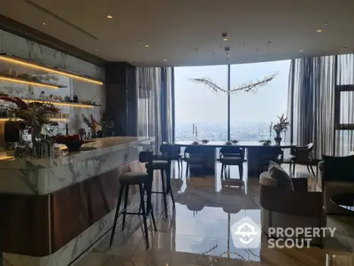 Luxurious high-rise apartment with marble bar counter, sleek modern furnishings, and panoramic city views through floor-to-ceiling windows, reflecting opulence and style.