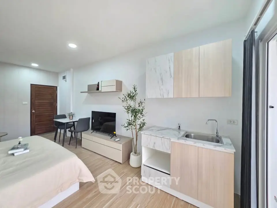 Modern studio apartment with open layout, featuring a cozy living area and compact kitchen.