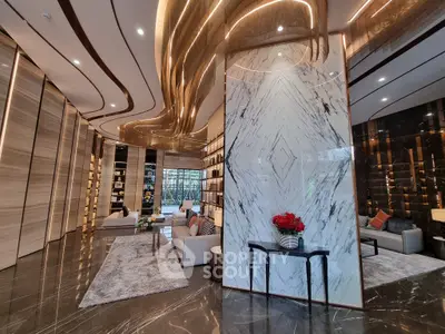 Luxurious modern living room with elegant marble accents and stylish furniture