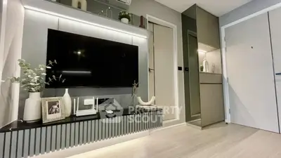 Modern living room with sleek TV setup and stylish decor