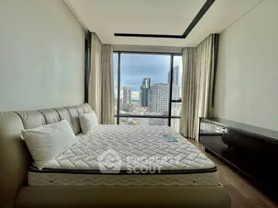 Luxurious bedroom with stunning city view, featuring a plush bed and modern decor, perfect for urban living.
