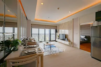 Luxurious modern living room with open layout and stunning city view