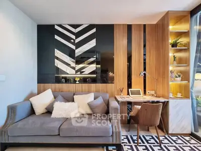 Modern living room with stylish decor and cozy workspace