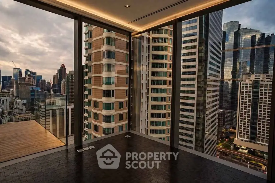 Luxurious high-rise apartment with stunning cityscape views and floor-to-ceiling windows.