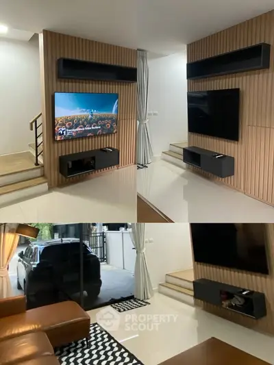 Modern living room with sleek TV setup and stylish wooden paneling