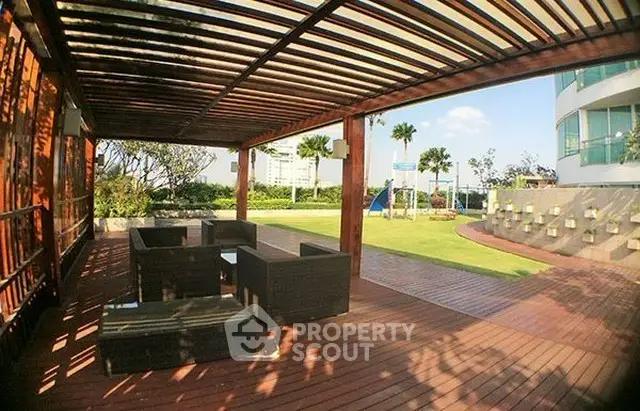 Luxurious outdoor patio with modern seating and lush garden view