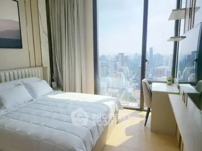 Luxurious bedroom with stunning city view from floor-to-ceiling windows