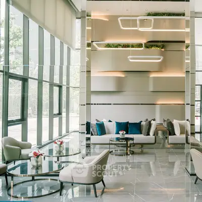Luxurious modern living room with elegant decor and large windows